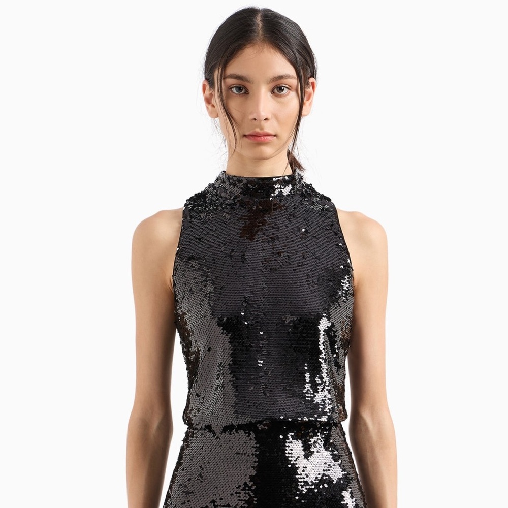 New Armani Exchange Black Sequin Tank Top High Neck